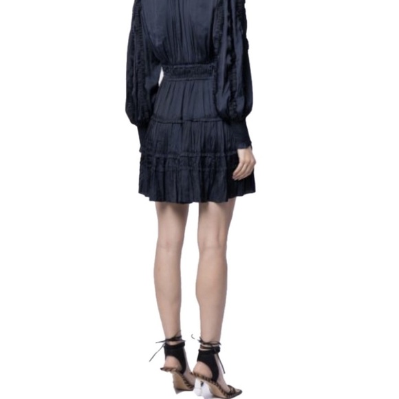 ULLA JOHNSON Gemma Satin Like Mini Dress V Neck Bishop Sleeve Midnight Blue - Picture 14 of 14